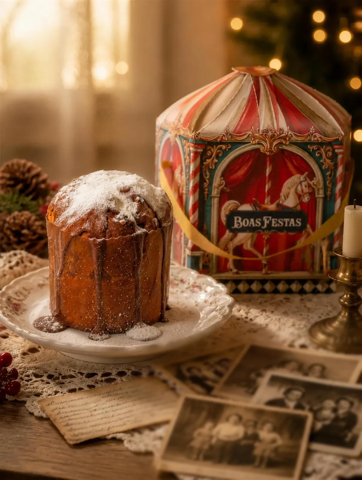 Panetone Ninho com Nutella e caixa carrossel Boas Festas sobre mesa com renda e fotos antigas